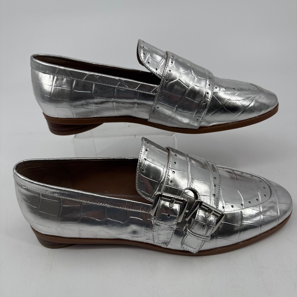 Aerosoles Gabbie Silver Croc Embossed Leather Double Monk Strap Loafers 9.5M